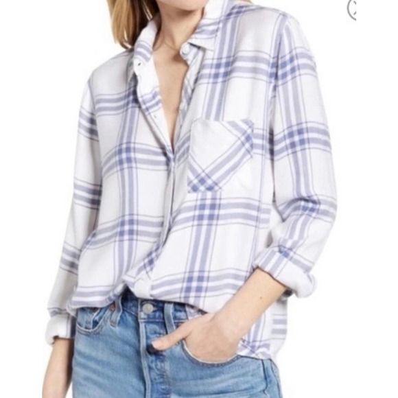 Rails Women's Rayon Plaid Button Front Shirt Hunter White Melange Sky Size S - Picture 2 of 11